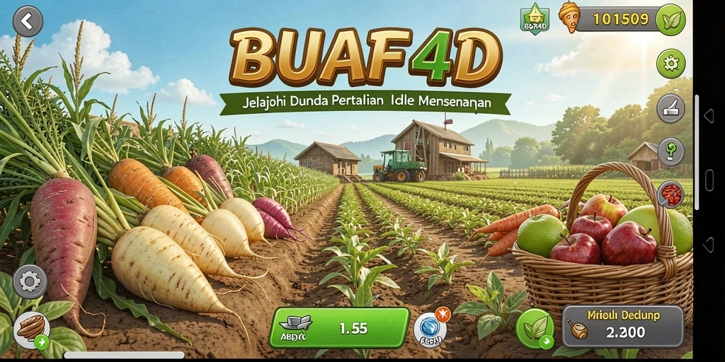 Tampilan gameplay seru dalam BUAH4D dengan pertanian yang menawan.