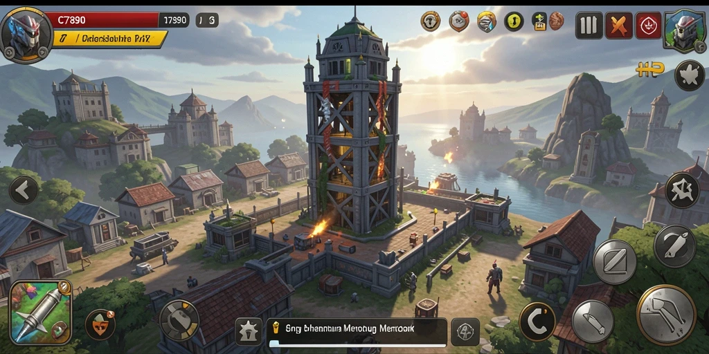 Screenshot C7890 menampilkan pertarungan menara melawan musuh yang beragam.
