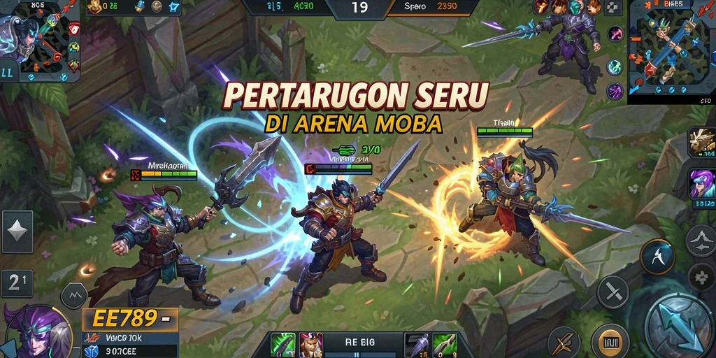 Tangkapan layar gameplay EE789 yang menampilkan pertarungan seru di arena MOBA.