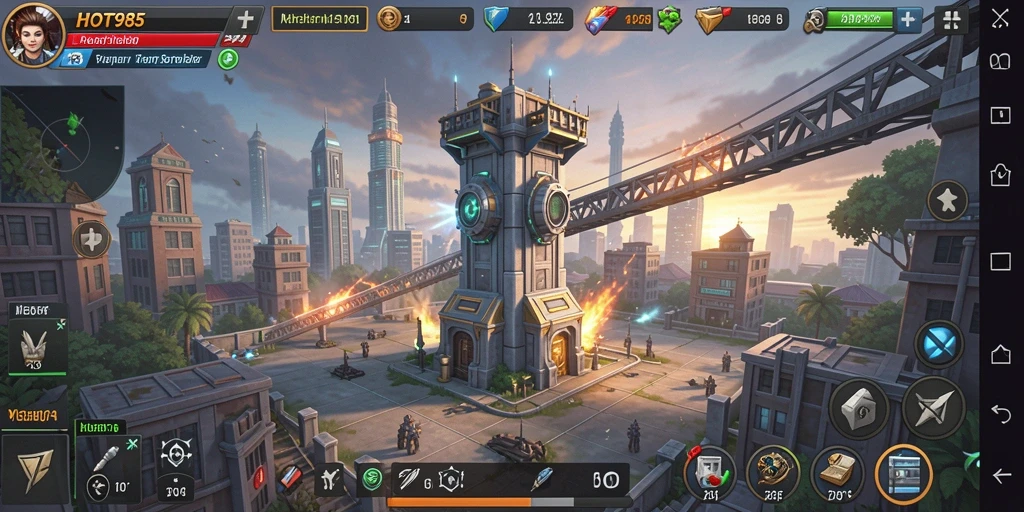 Tampilan menara dan musuh dalam gameplay HOT985 yang intens.