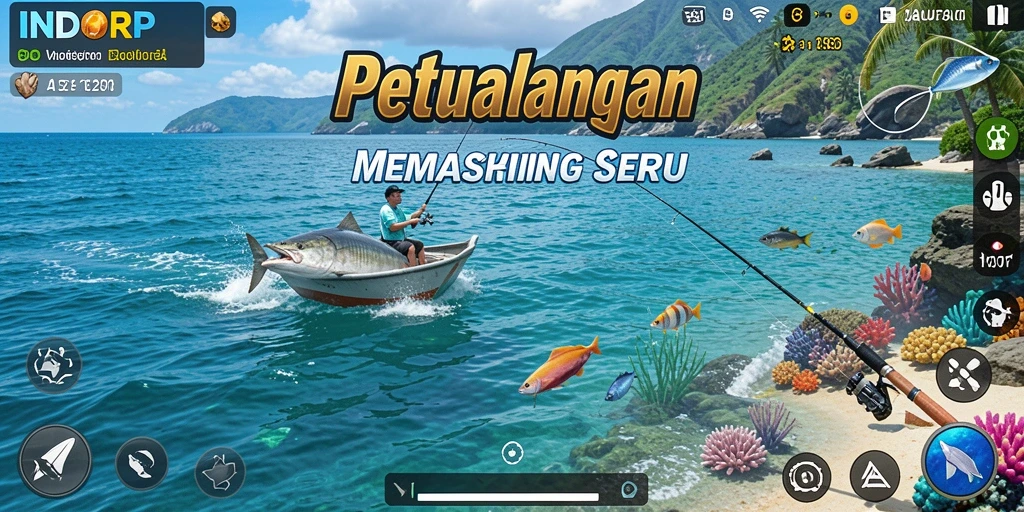 Tampilan gameplay INDORP menampilkan aksi memancing di laut yang seru.