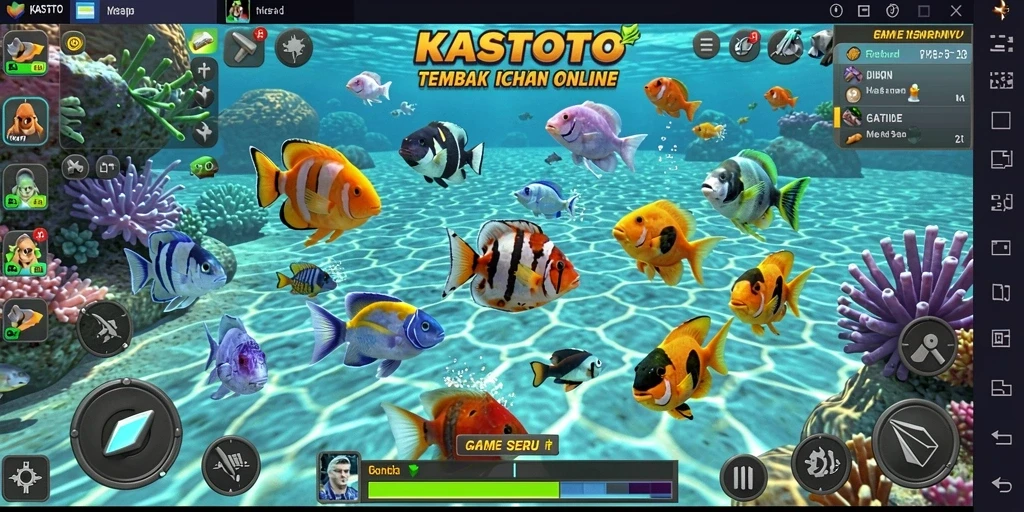 Tampilan gameplay KASTOTO dengan aksi menembak ikan yang seru.