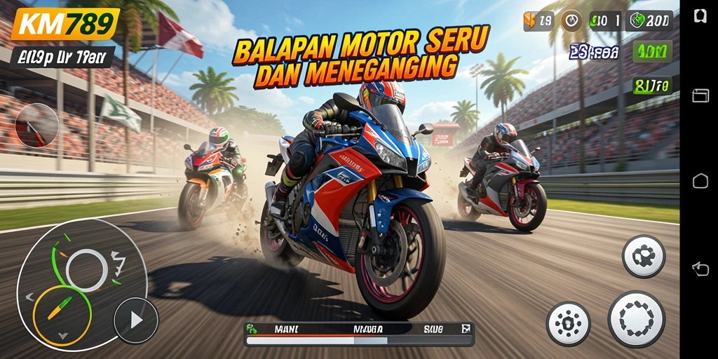 Gameplay KM789 dengan grafis balapan motor yang mendebarkan.