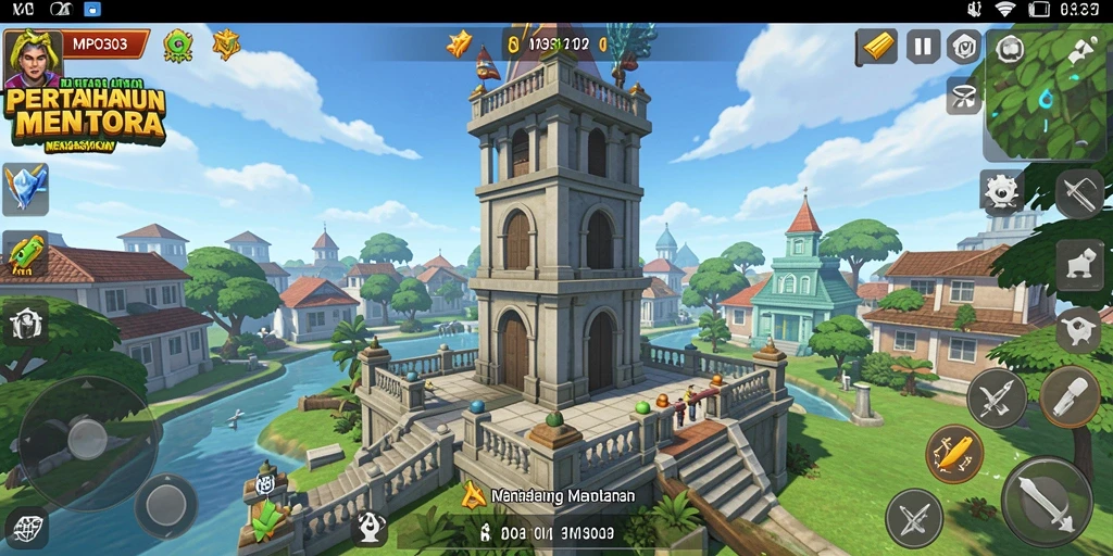 Tampilan gameplay seru dengan berbagai menara dan musuh.