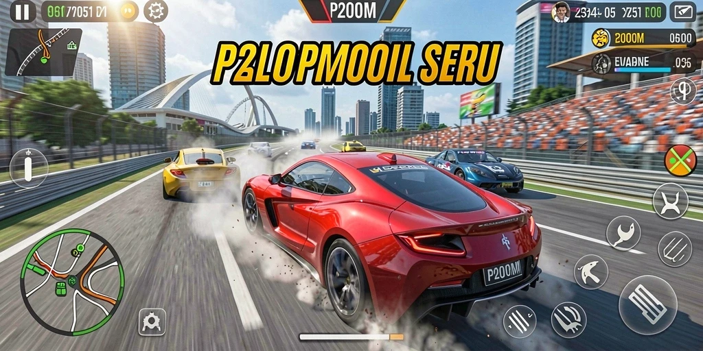 Screenshot P200M menampilkan aksi balap mobil yang mendebarkan.