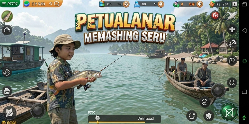 Tampilan gameplay PT707 yang menawan dengan berbagai lokasi dan ikan.