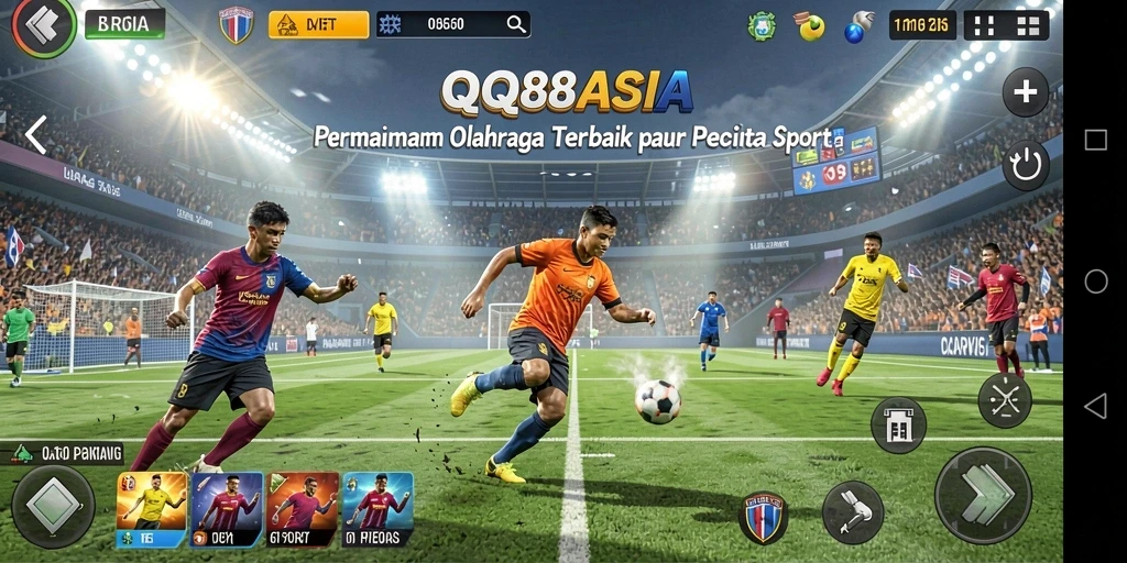 Screenshot utama menampilkan gameplay seru dari QQ88ASIA dengan aksi olahraga yang mendebarkan.