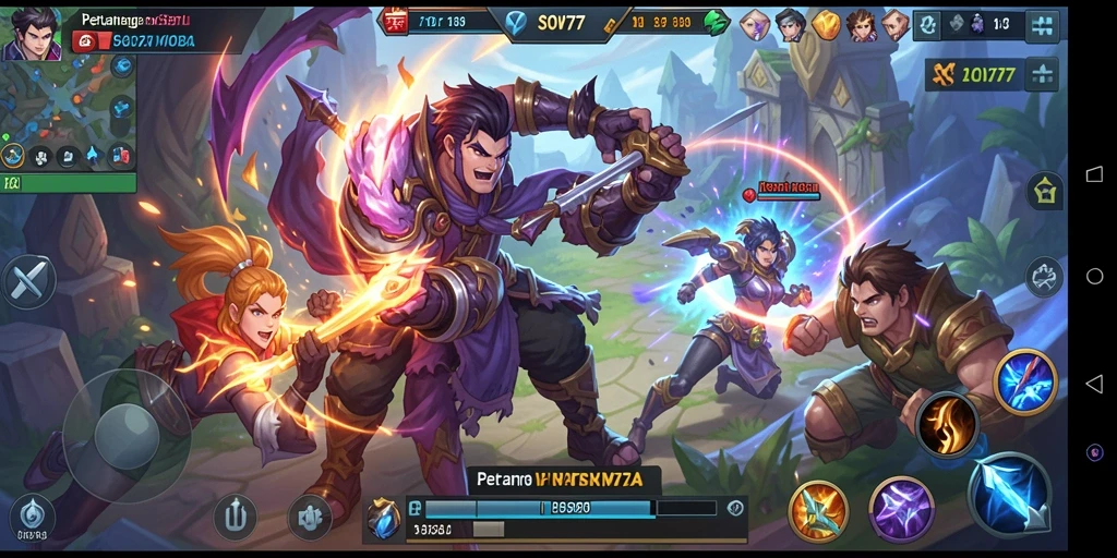 Screenshot gameplay SOV777 menampilkan pertempuran epik antara karakter-karakter.