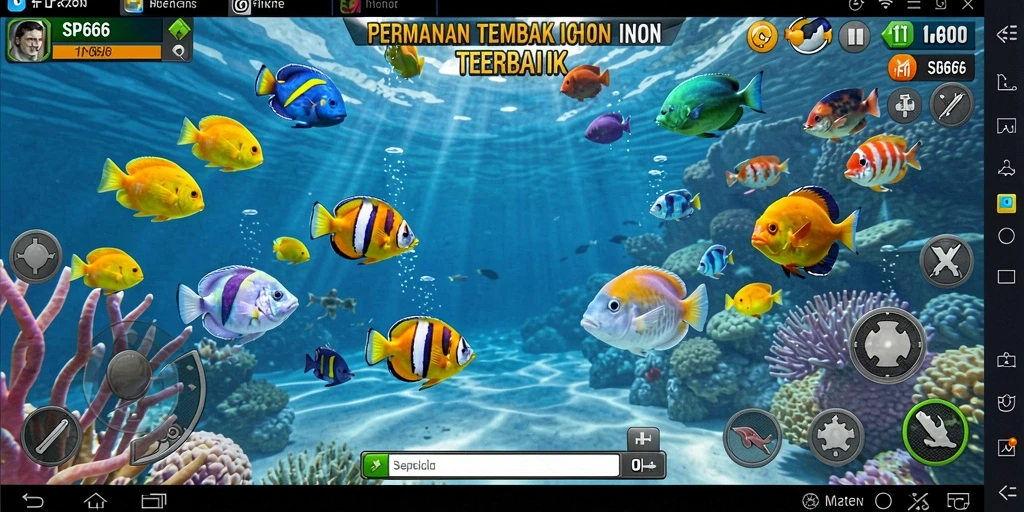Tampilan gameplay SP666 dengan berbagai ikan yang menunggu untuk ditembak.