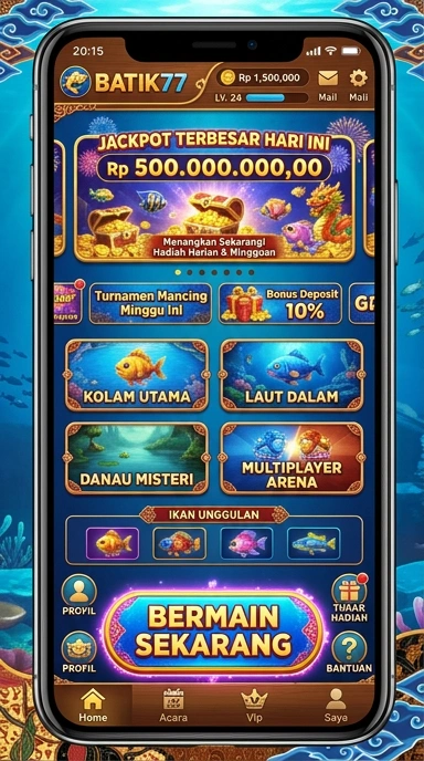 Tampilan utama aplikasi batik77 dengan berbagai pilihan kategori.